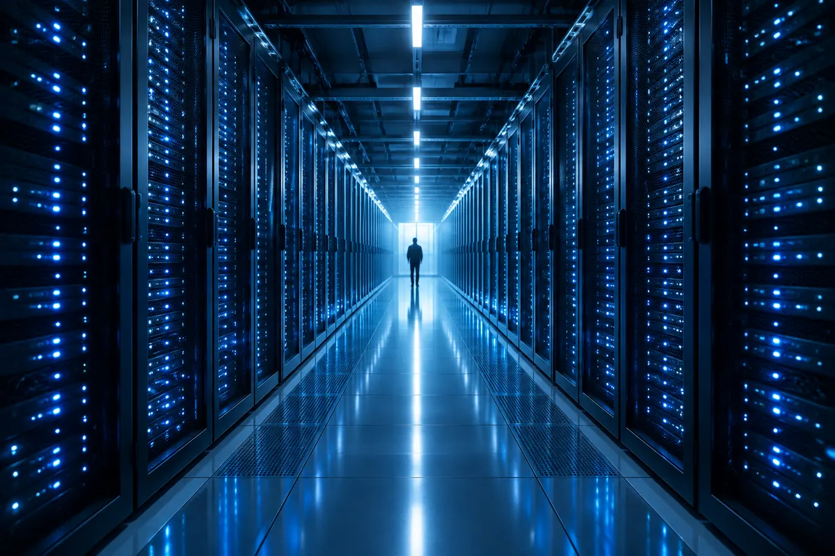 Illustratief beeld van een datacentrum met serverrekken.