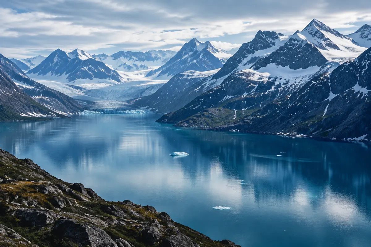 Illustratief landschap met gletsjer, bergen en water.