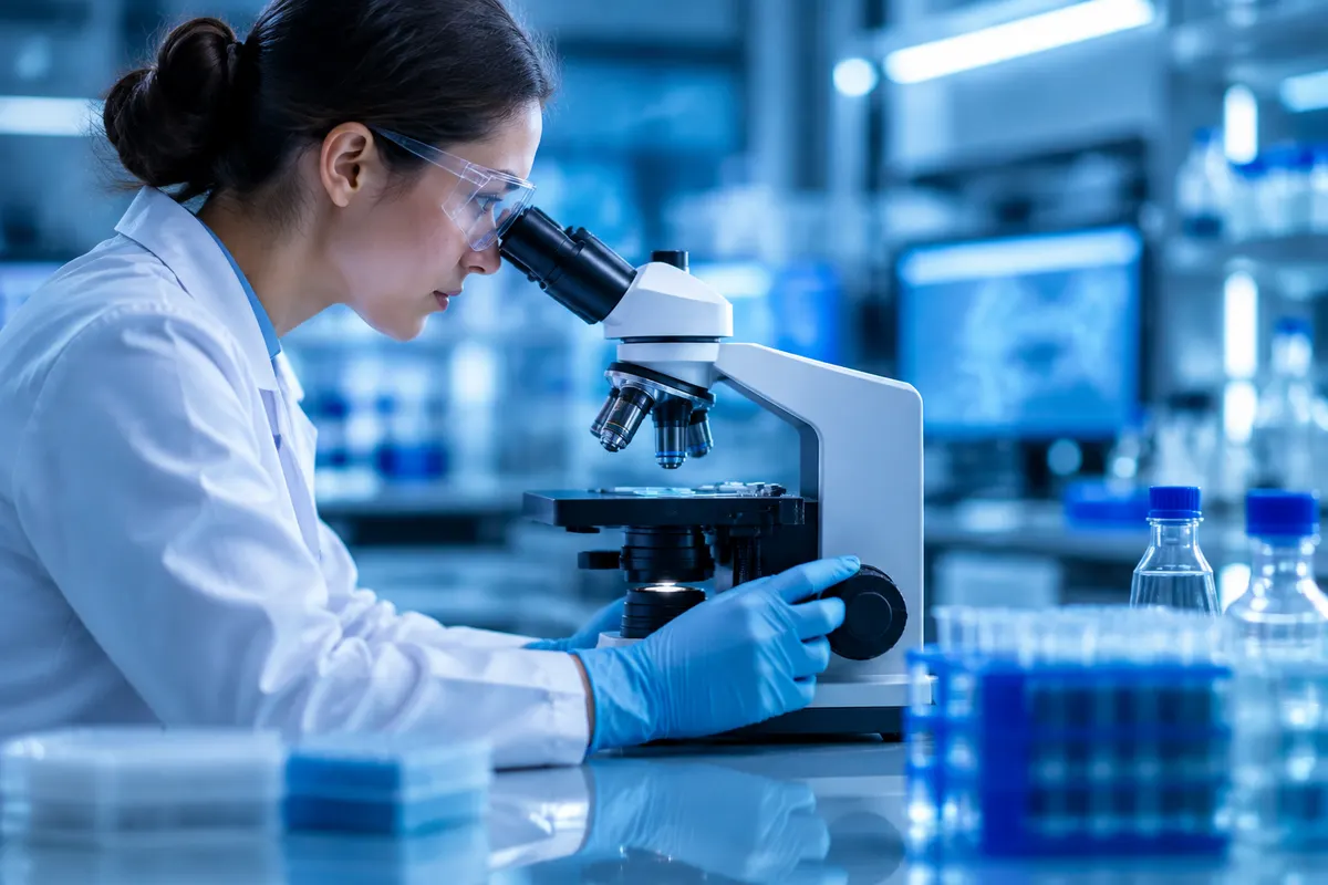 Illustratief laboratoriumbeeld met onderzoeker en microscoop.