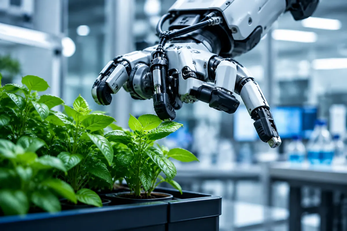 Illustratief beeld van een robotgrijper naast een plant.